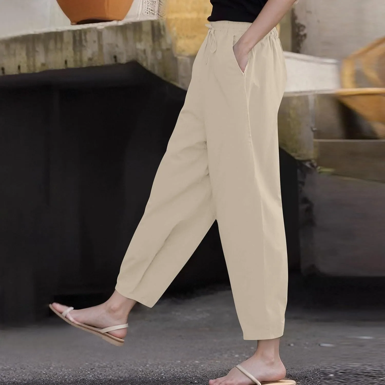 ADHOWBEW Linen Blend Pants for Women Work Cotton Petite Plus Size Stretch Casual Dressy Lounge Flowy Pants