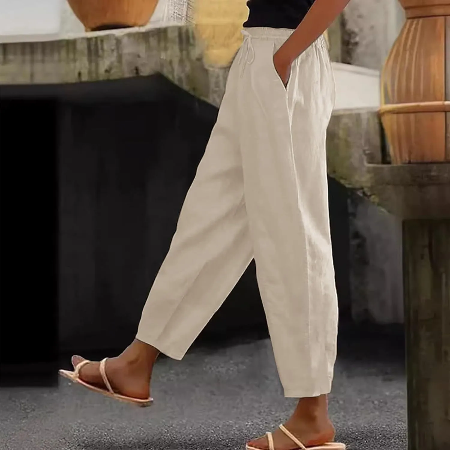 ADHOWBEW Linen Blend Pants for Women Work Cotton Petite Plus Size Stretch Casual Dressy Lounge Flowy Pants
