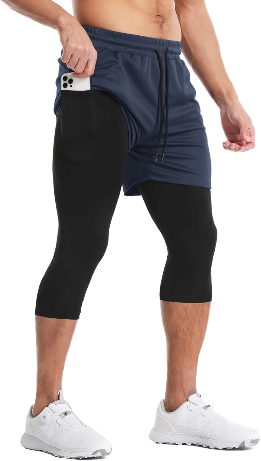 Aolesy Men's 2 in 1 Running Pants, Gym Workout Compression Pants for Men Training Athletic
