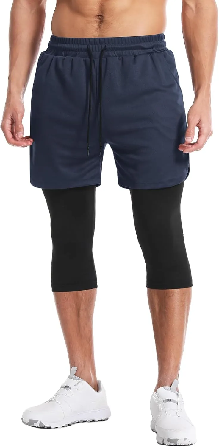 Aolesy Men's 2 in 1 Running Pants, Gym Workout Compression Pants for Men Training Athletic