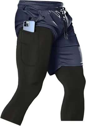 Aolesy Men's 2 in 1 Running Pants, Gym Workout Compression Pants for Men Training Athletic