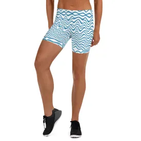 Blue Curvy Best Women's Shorts, White Blue Wavy Abstract Designer Tights-Made in USA/EU