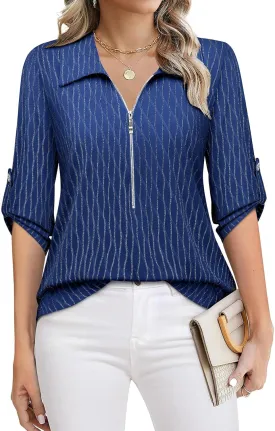 Bulotus Women's 3/4 Sleeve V-Neck Casual Plaid Tunic Shirt