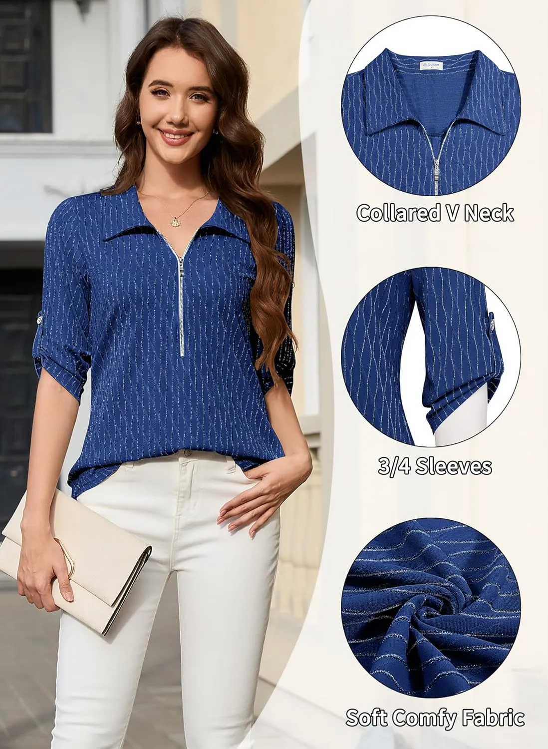 Bulotus Women's 3/4 Sleeve V-Neck Casual Plaid Tunic Shirt