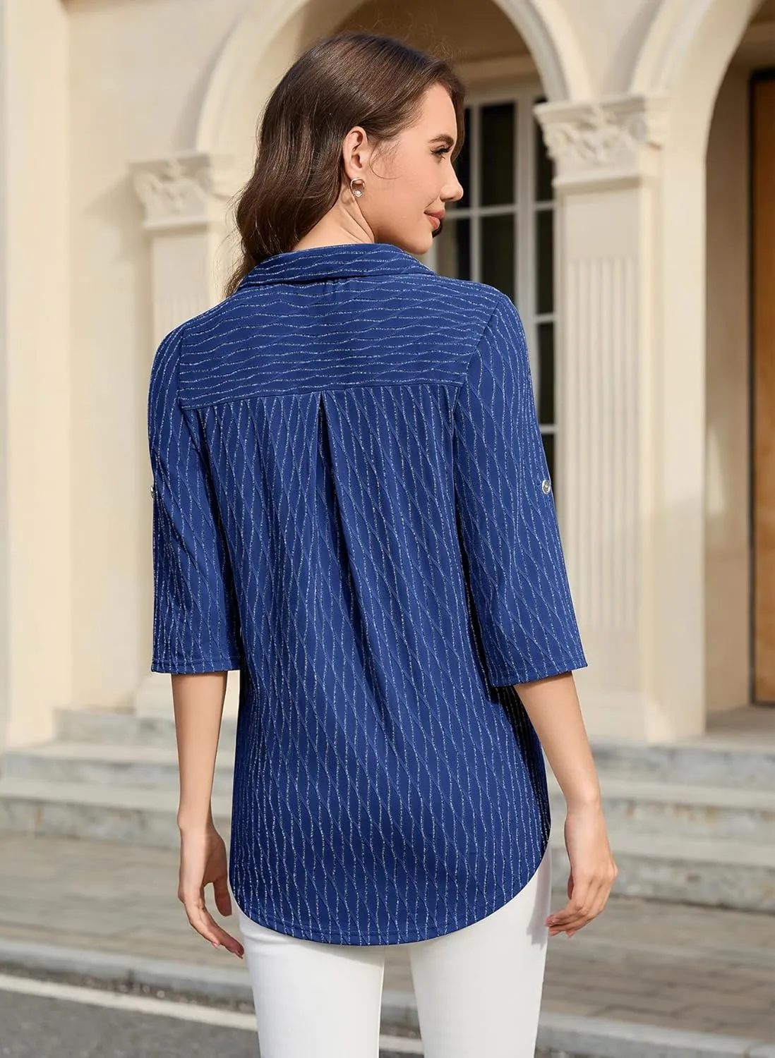 Bulotus Women's 3/4 Sleeve V-Neck Casual Plaid Tunic Shirt