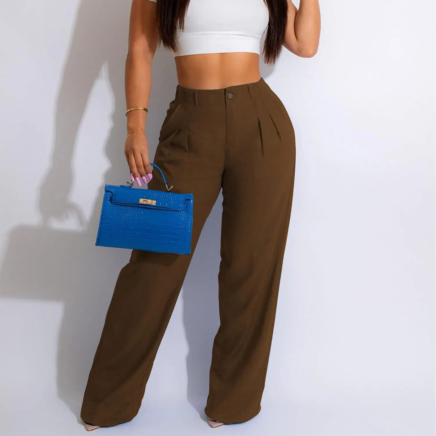 Cargo Pants for Women Casual Solid Pant Straight High Waist Buttons Pleated Trousers Wide Leg Sweatpants with Pocket