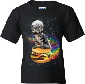 Cat Flying a Rainbow Burger Youth T-Shirt Funny Astronaut Kitten Space Kids Tee