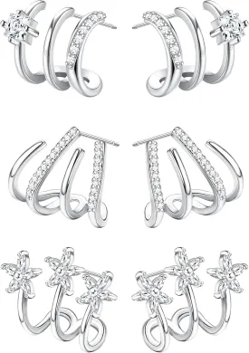 Fansilver 925 Sterling Silver   Cubic Zirconia    Cuff Earrings Triple Huggie Illusion Stud Earrings Hypoallergenic Wrap Ear Cuffs Earrings for Women Trendy