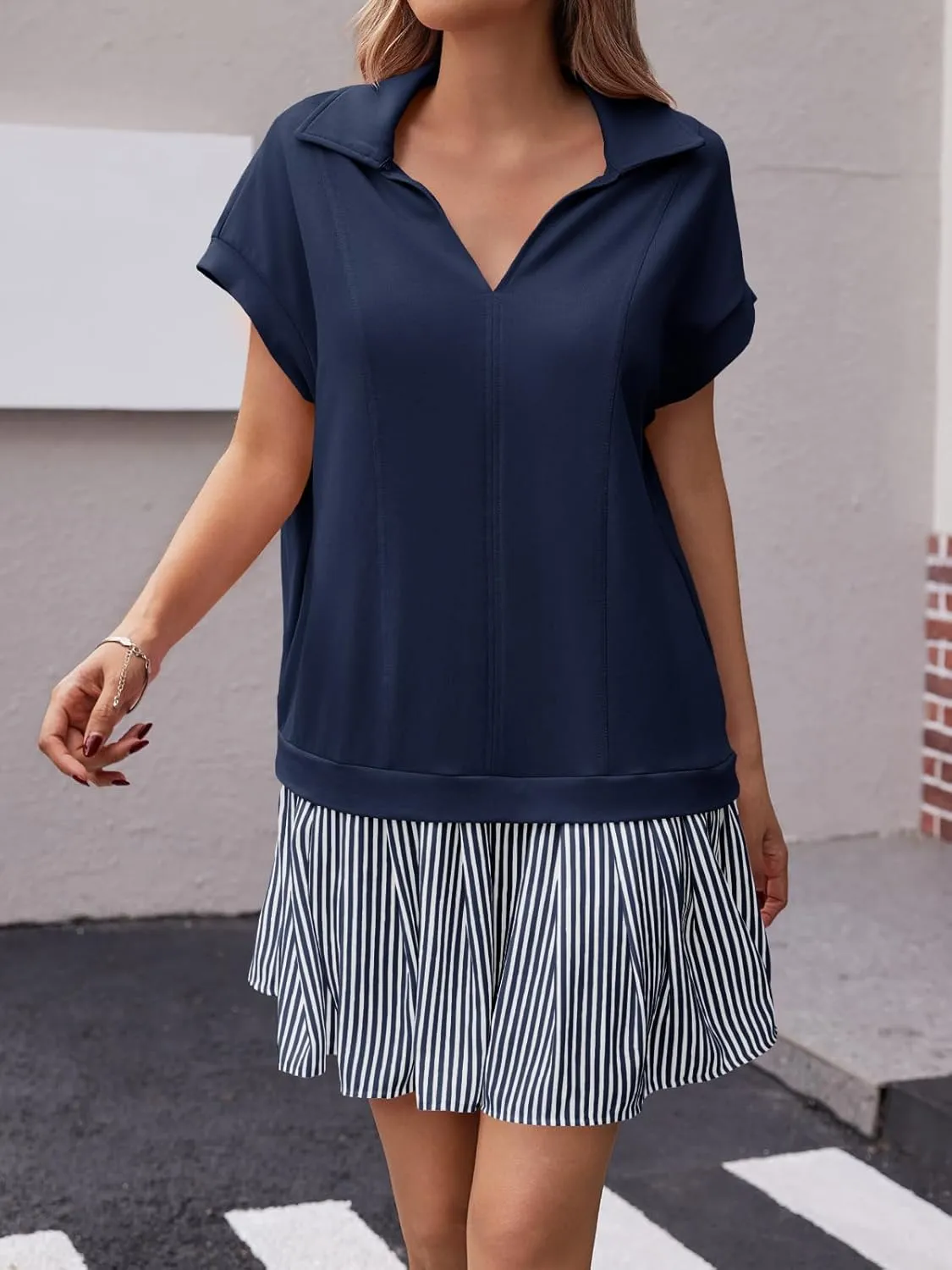 Fisoew Womens Summer Mini Dress Casual Patchwork Short Sleeve Polo V Neck Striped Dresses with Pockets