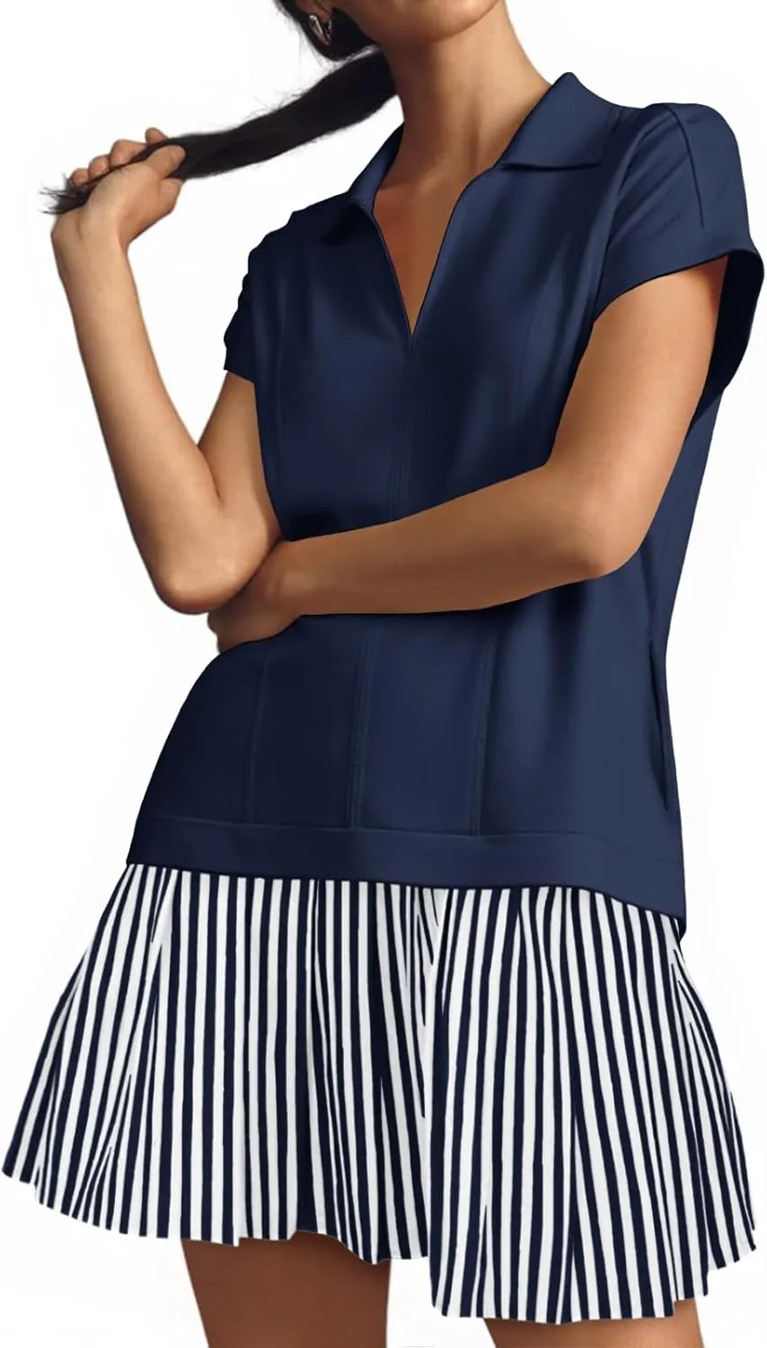Fisoew Womens Summer Mini Dress Casual Patchwork Short Sleeve Polo V Neck Striped Dresses with Pockets