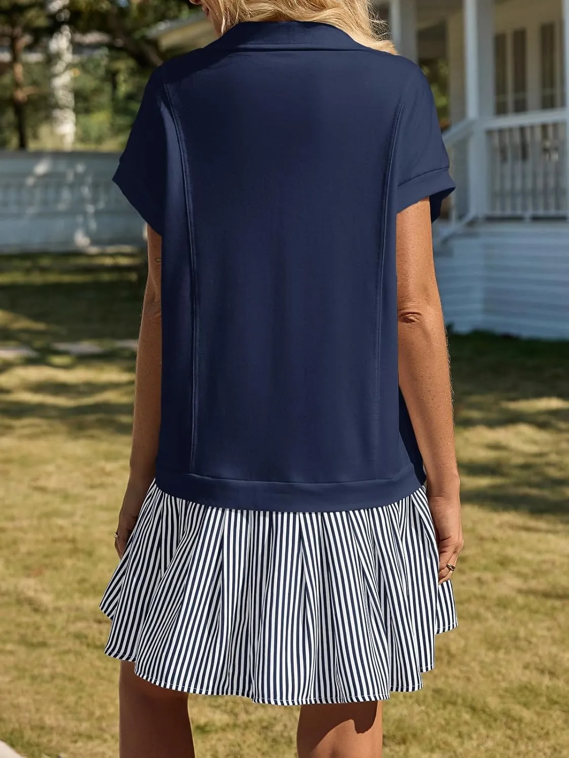 Fisoew Womens Summer Mini Dress Casual Patchwork Short Sleeve Polo V Neck Striped Dresses with Pockets