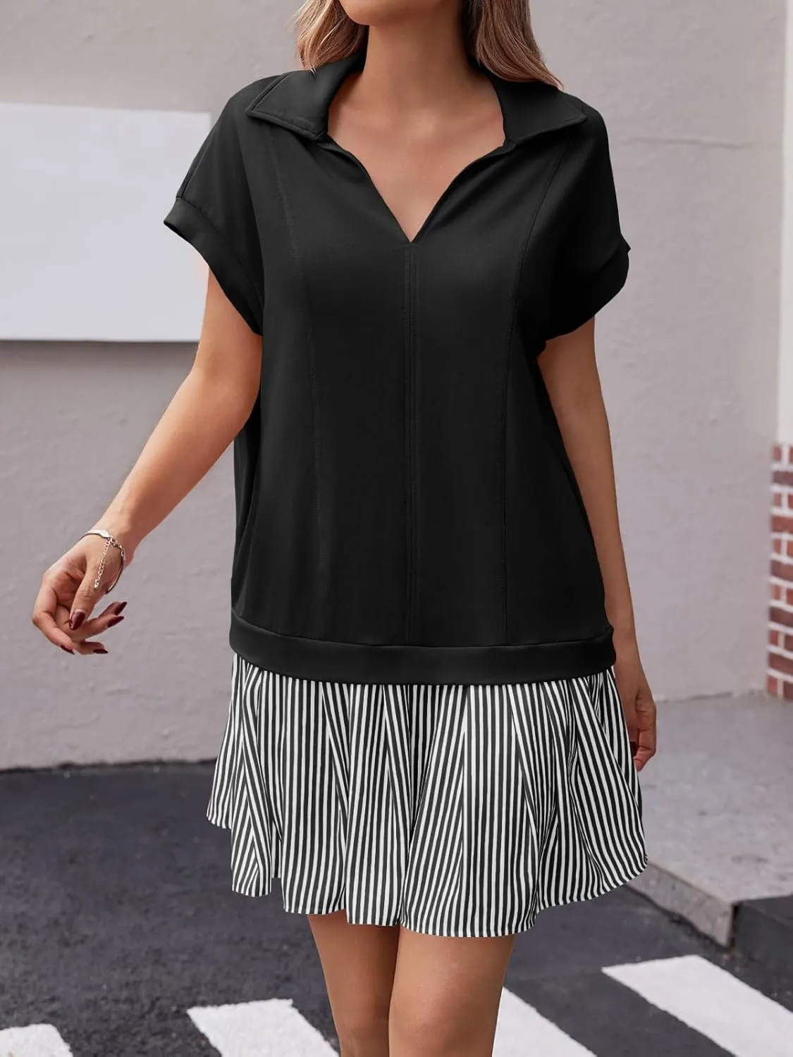 Fisoew Womens Summer Mini Dress Casual Patchwork Short Sleeve Polo V Neck Striped Dresses with Pockets