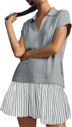 Fisoew Womens Summer Mini Dress Casual Patchwork Short Sleeve Polo V Neck Striped Dresses with Pockets