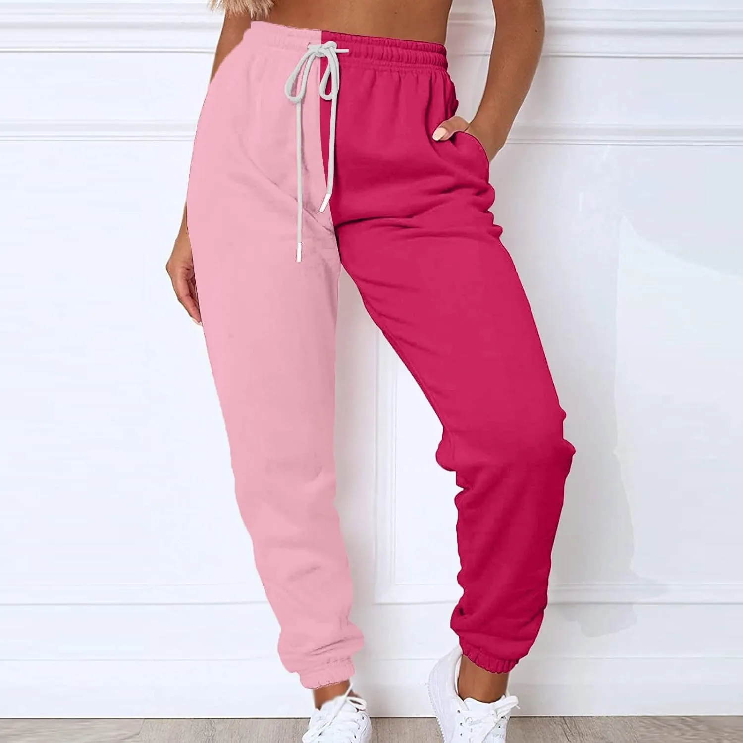 Fleece Straight Leg Sweatpants for Women Elastic High Waisted Joggers with Pockets Lightweight Cinch Bottom Trousers