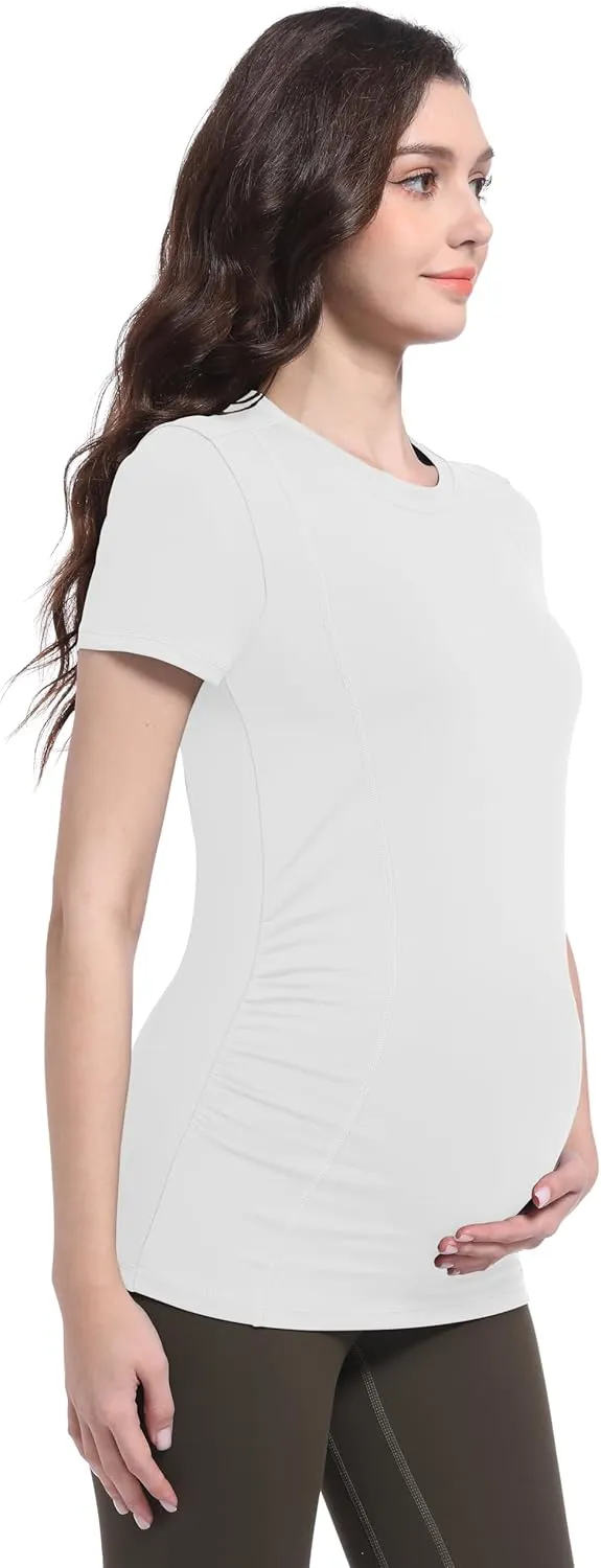 Foucome Maternity Shirts Crew Neck Short Sleeve Workout Tops Athletic Yoga Top Side Ruched Pregnancy T Shirts