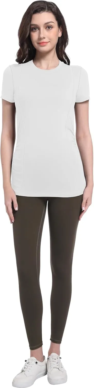 Foucome Maternity Shirts Crew Neck Short Sleeve Workout Tops Athletic Yoga Top Side Ruched Pregnancy T Shirts