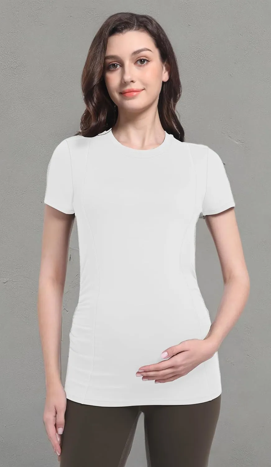 Foucome Maternity Shirts Crew Neck Short Sleeve Workout Tops Athletic Yoga Top Side Ruched Pregnancy T Shirts
