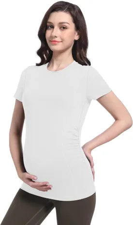 Foucome Maternity Shirts Crew Neck Short Sleeve Workout Tops Athletic Yoga Top Side Ruched Pregnancy T Shirts