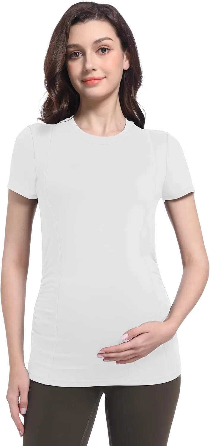 Foucome Maternity Shirts Crew Neck Short Sleeve Workout Tops Athletic Yoga Top Side Ruched Pregnancy T Shirts