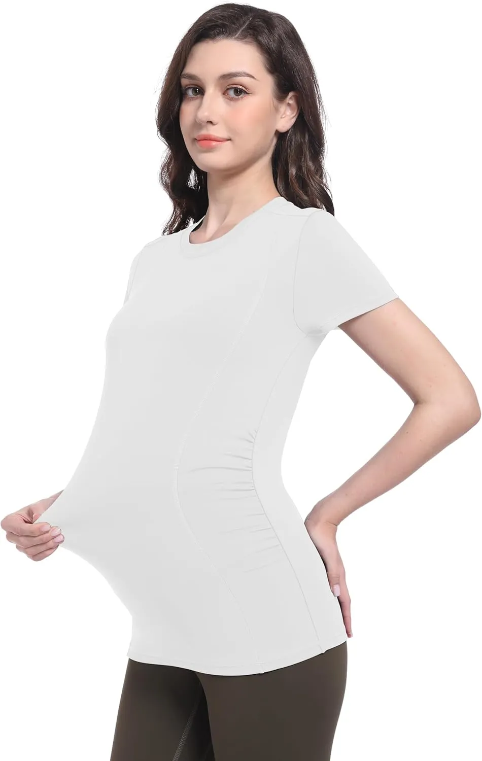 Foucome Maternity Shirts Crew Neck Short Sleeve Workout Tops Athletic Yoga Top Side Ruched Pregnancy T Shirts