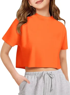 Girls Athletic Oversized Crop Tops Kids Drop Shoulder Short Sleeve T Shirts Workout Tees 5-14 Years