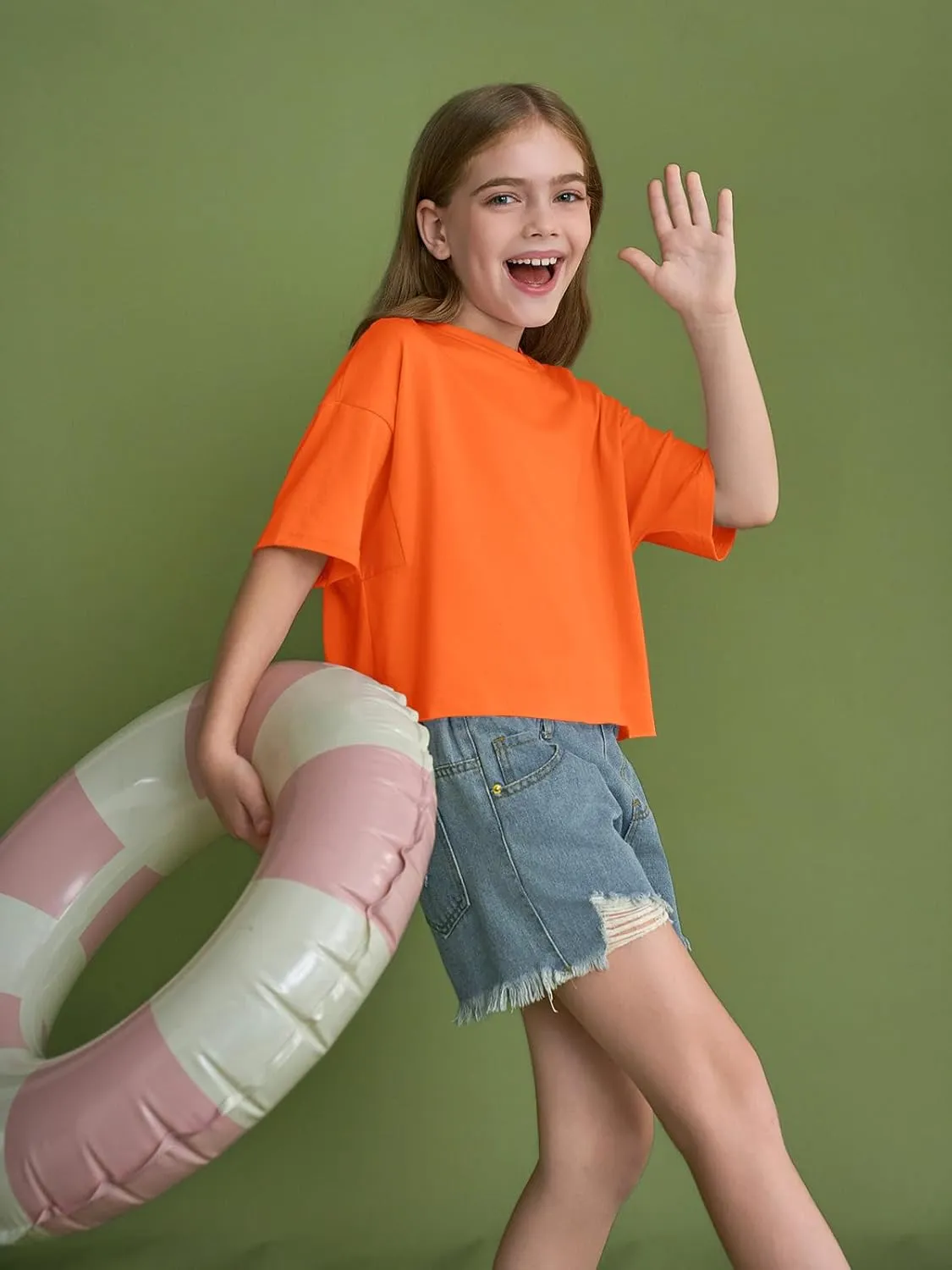 Girls Athletic Oversized Crop Tops Kids Drop Shoulder Short Sleeve T Shirts Workout Tees 5-14 Years