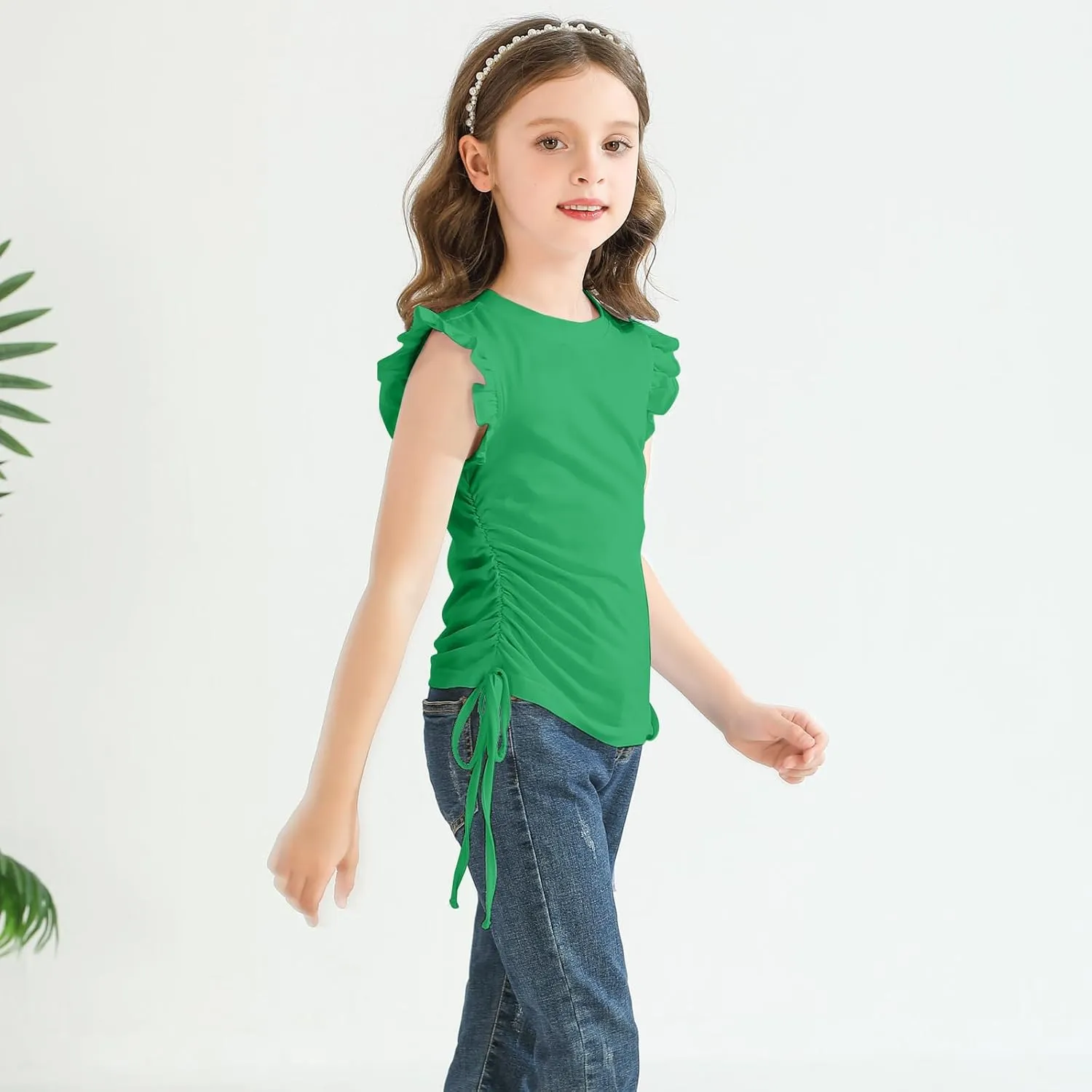 Girls Ruffle Short Sleeve Shirts Ruched Knot Side Tunic Blouse Fashion Summer Tee Tops for 5-12 Years