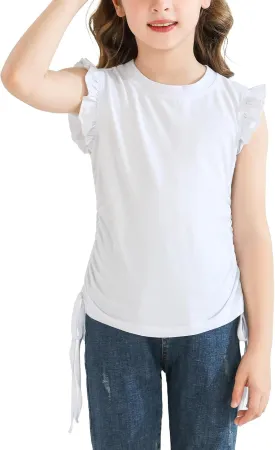 Girls Ruffle Short Sleeve Shirts Ruched Knot Side Tunic Blouse Fashion Summer Tee Tops for 5-12 Years