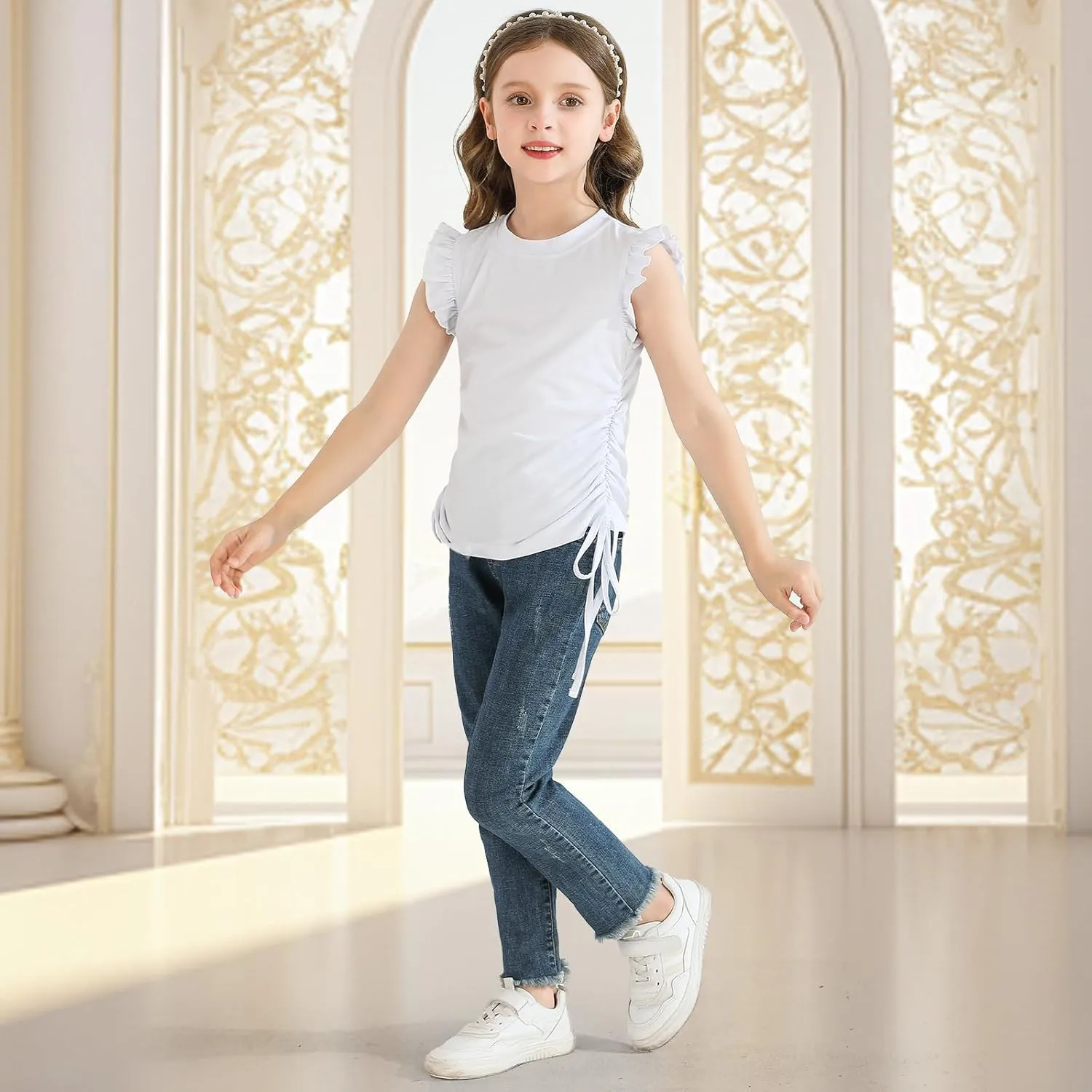 Girls Ruffle Short Sleeve Shirts Ruched Knot Side Tunic Blouse Fashion Summer Tee Tops for 5-12 Years