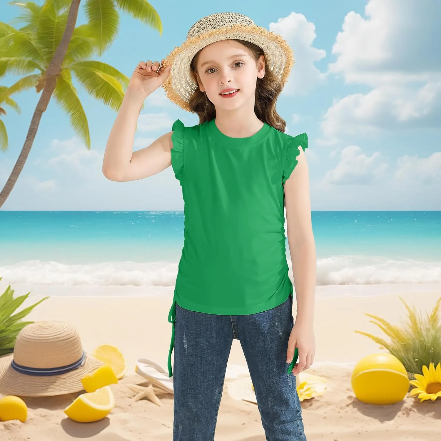 Girls Ruffle Short Sleeve Shirts Ruched Knot Side Tunic Blouse Fashion Summer Tee Tops for 5-12 Years