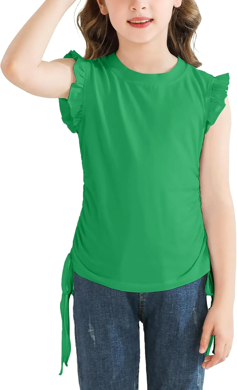 Girls Ruffle Short Sleeve Shirts Ruched Knot Side Tunic Blouse Fashion Summer Tee Tops for 5-12 Years