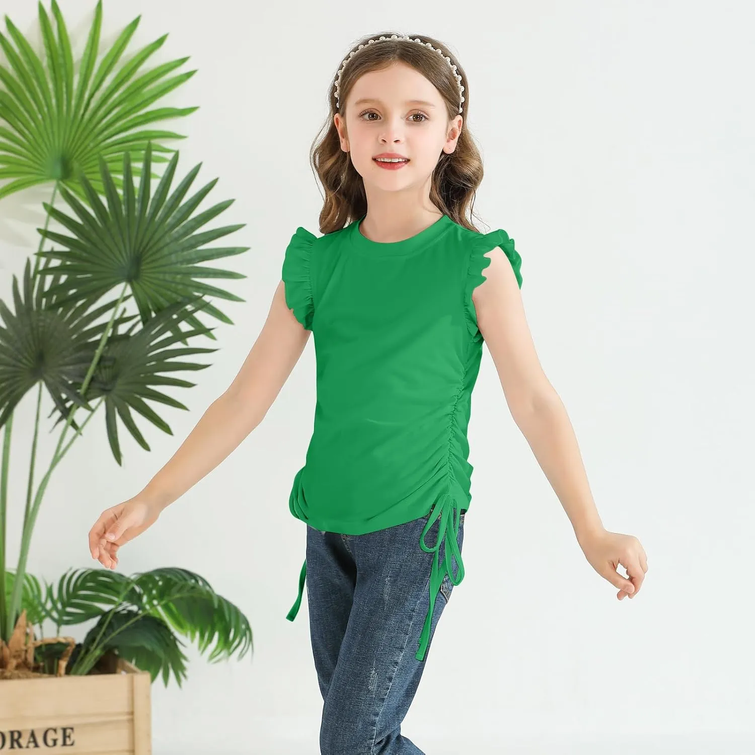Girls Ruffle Short Sleeve Shirts Ruched Knot Side Tunic Blouse Fashion Summer Tee Tops for 5-12 Years