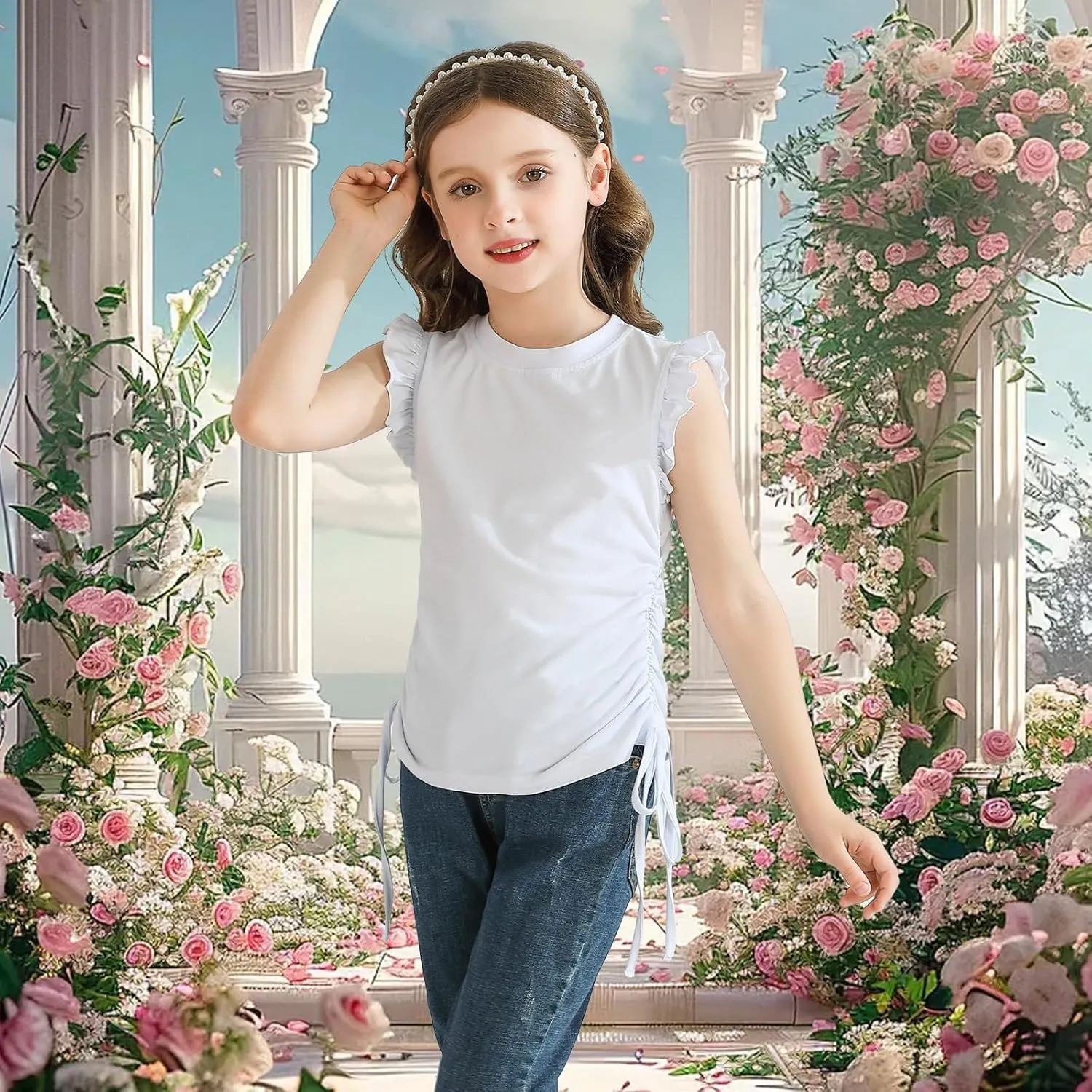 Girls Ruffle Short Sleeve Shirts Ruched Knot Side Tunic Blouse Fashion Summer Tee Tops for 5-12 Years