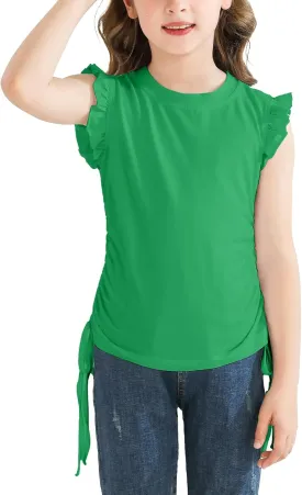 Girls Ruffle Short Sleeve Shirts Ruched Knot Side Tunic Blouse Fashion Summer Tee Tops for 5-12 Years