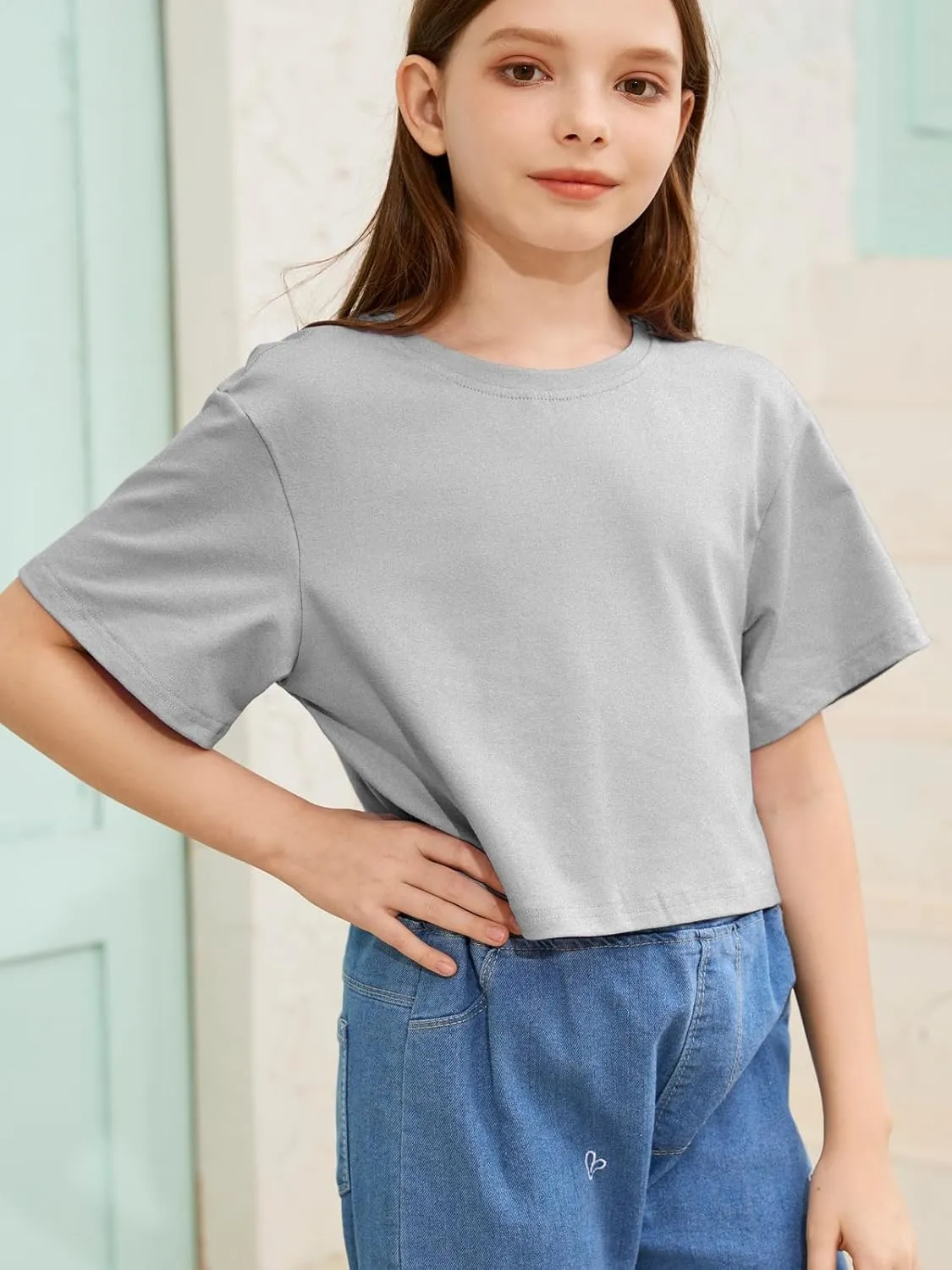 Girls Summer Crop Tops Kids Fashion Oversized Crew Neck Cropped Short Sleeve T Shirts Basic Tees Size 5-14 Years