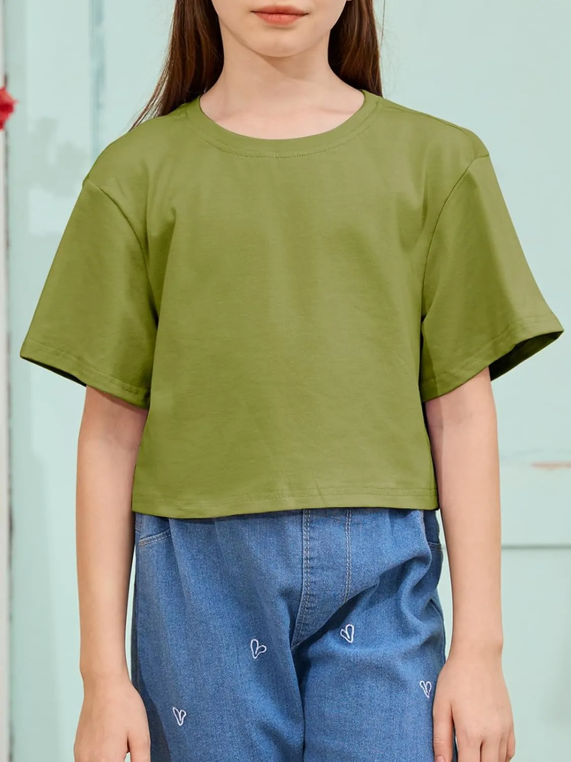 Girls Summer Crop Tops Kids Fashion Oversized Crew Neck Cropped Short Sleeve T Shirts Basic Tees Size 5-14 Years