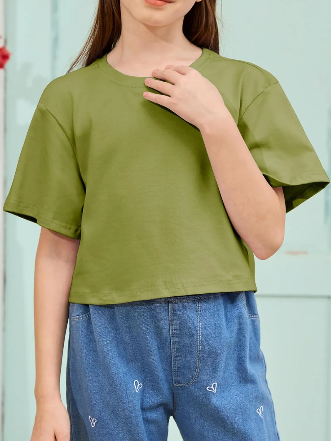 Girls Summer Crop Tops Kids Fashion Oversized Crew Neck Cropped Short Sleeve T Shirts Basic Tees Size 5-14 Years