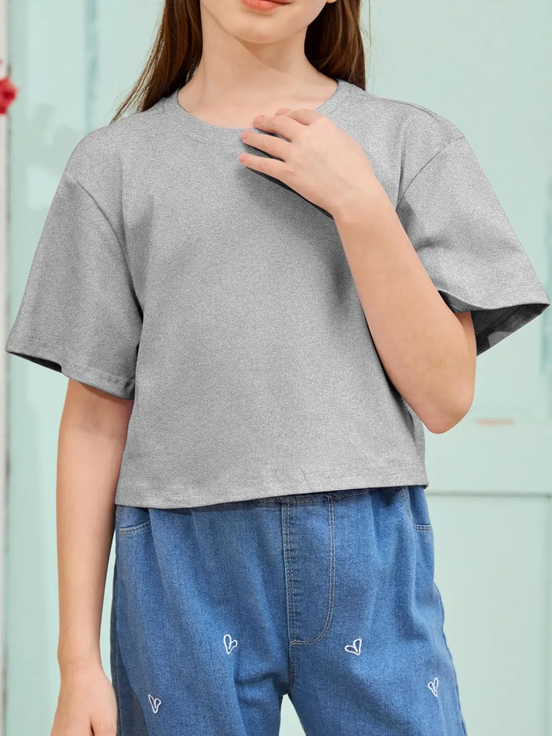 Girls Summer Crop Tops Kids Fashion Oversized Crew Neck Cropped Short Sleeve T Shirts Basic Tees Size 5-14 Years