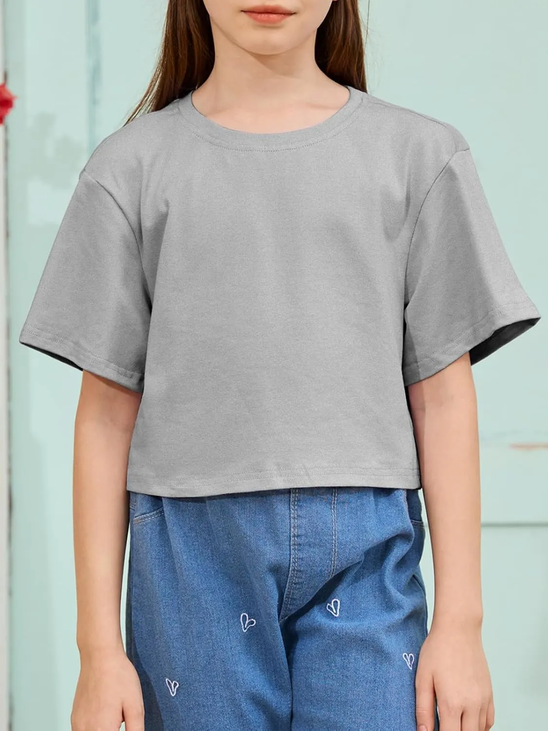 Girls Summer Crop Tops Kids Fashion Oversized Crew Neck Cropped Short Sleeve T Shirts Basic Tees Size 5-14 Years
