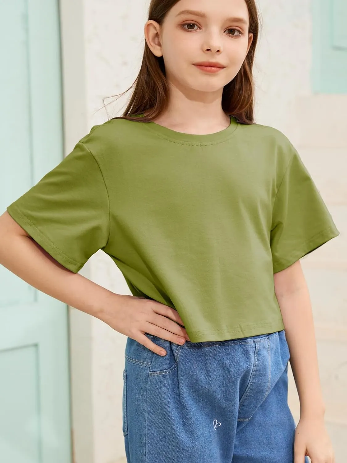 Girls Summer Crop Tops Kids Fashion Oversized Crew Neck Cropped Short Sleeve T Shirts Basic Tees Size 5-14 Years
