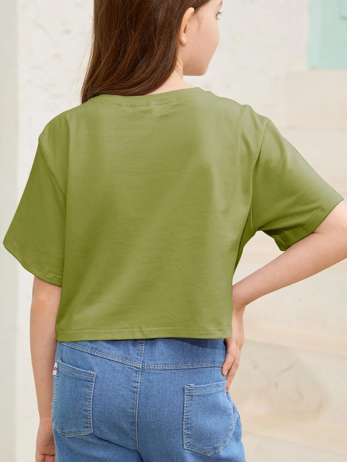 Girls Summer Crop Tops Kids Fashion Oversized Crew Neck Cropped Short Sleeve T Shirts Basic Tees Size 5-14 Years