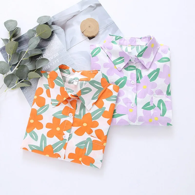 Loose Women Shirt 100% Cotton Chiffon Summer Fashion Print Floral Designed Short Sleeve Button Up Tops Casual Beach Shirts