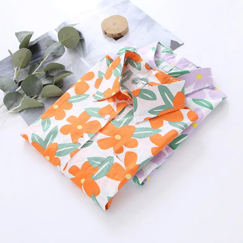 Loose Women Shirt 100% Cotton Chiffon Summer Fashion Print Floral Designed Short Sleeve Button Up Tops Casual Beach Shirts