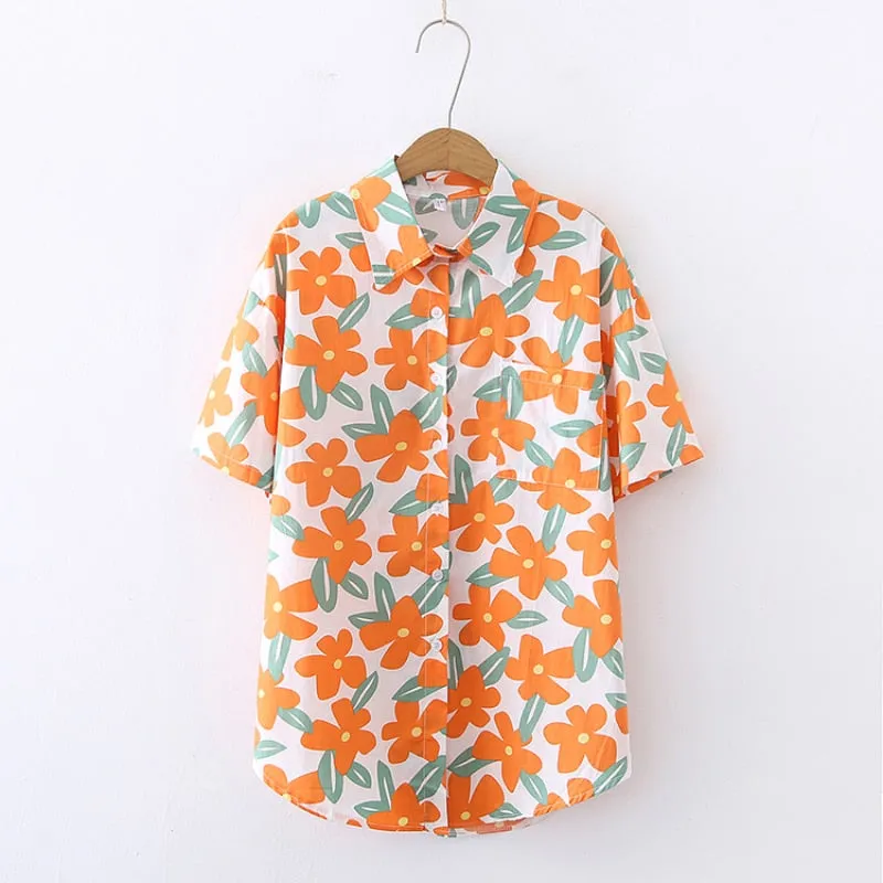 Loose Women Shirt 100% Cotton Chiffon Summer Fashion Print Floral Designed Short Sleeve Button Up Tops Casual Beach Shirts
