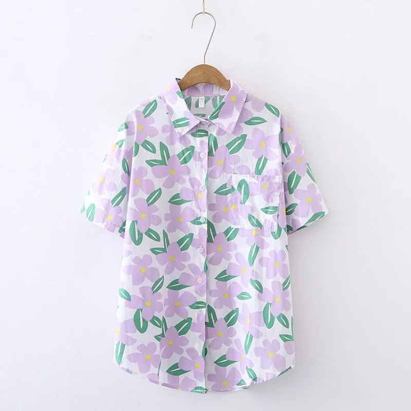 Loose Women Shirt 100% Cotton Chiffon Summer Fashion Print Floral Designed Short Sleeve Button Up Tops Casual Beach Shirts