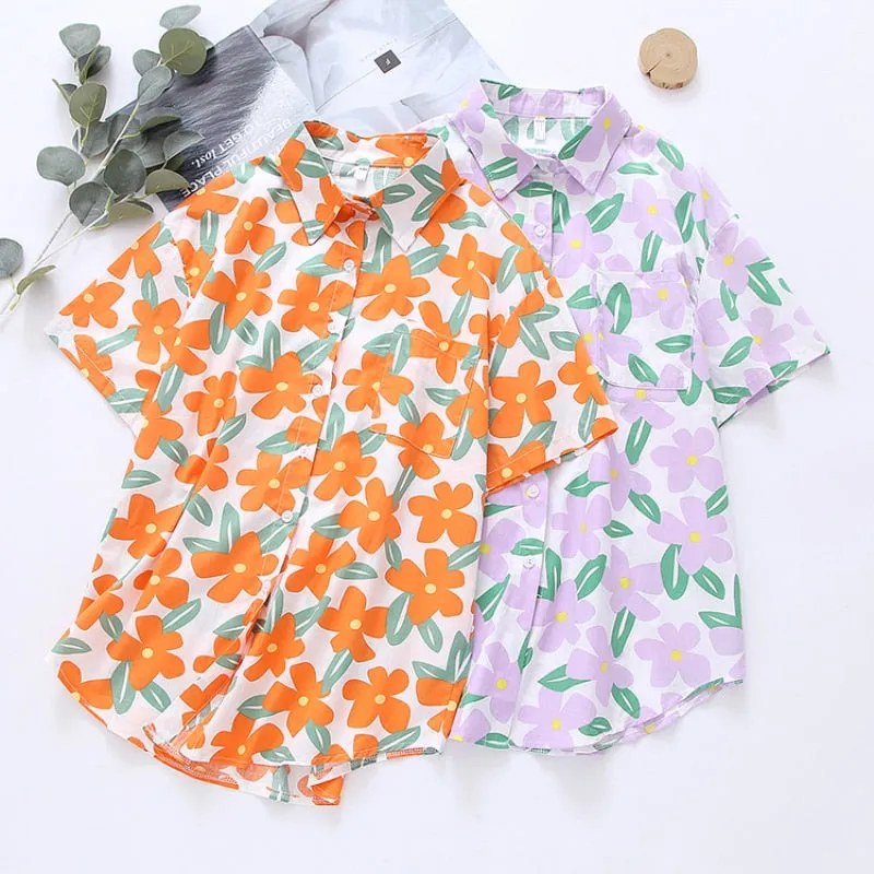 Loose Women Shirt 100% Cotton Chiffon Summer Fashion Print Floral Designed Short Sleeve Button Up Tops Casual Beach Shirts