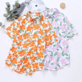 Loose Women Shirt 100% Cotton Chiffon Summer Fashion Print Floral Designed Short Sleeve Button Up Tops Casual Beach Shirts