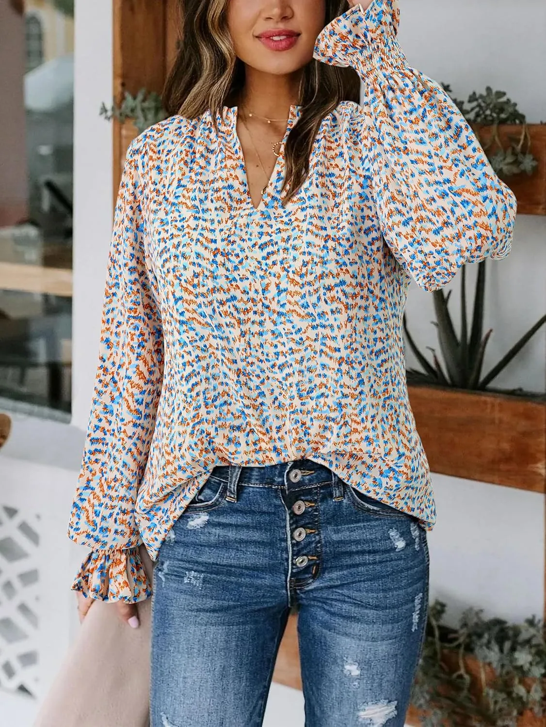 MASCOMODA Womens V Neck Floral Long Sleeve Tops 2025 Summer Casual Loose Puff Sleeve Chiffon Boho Work Blouse Dressy T Shirts