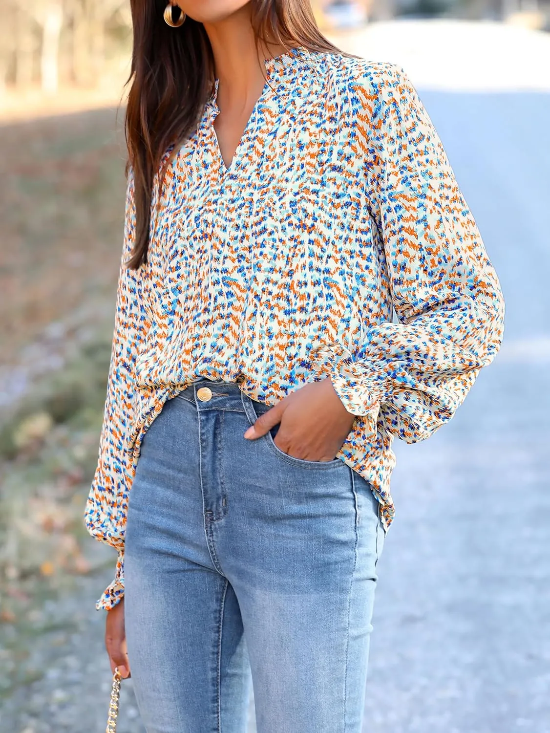 MASCOMODA Womens V Neck Floral Long Sleeve Tops 2025 Summer Casual Loose Puff Sleeve Chiffon Boho Work Blouse Dressy T Shirts