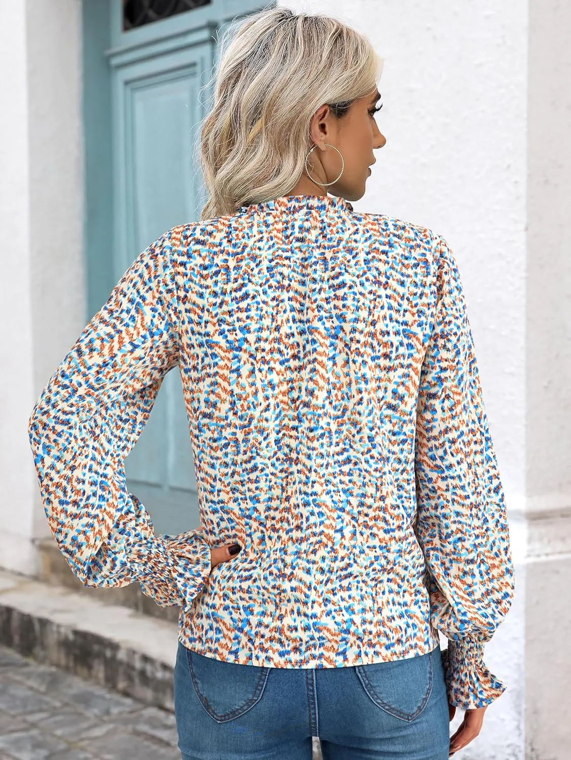 MASCOMODA Womens V Neck Floral Long Sleeve Tops 2025 Summer Casual Loose Puff Sleeve Chiffon Boho Work Blouse Dressy T Shirts